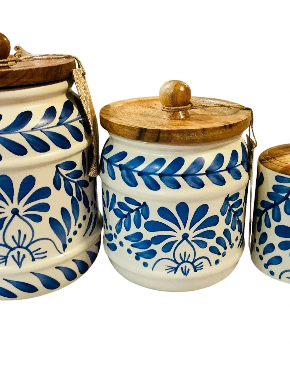 Blue Floral Ceramic Canister set with Wood Lid - White and Blue